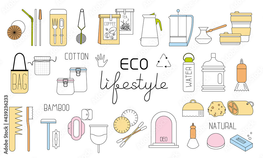 Set vector icons zero waste things for everyday, kitchen and bathroom. Ecological lifestyle. Save our planet. Five r concept Set vector icons zero waste things for everyday, kitchen and bathroom. Ecological lifestyle. Save our planet. Five r concept