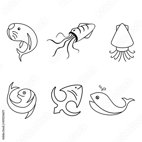 Marine life line icon. six icon. seals,squid,cuttlefish,whale. for icon,logo,mascot, sign and symbol