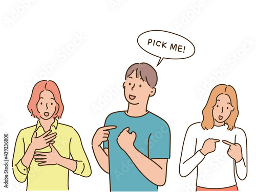 People are introducing themselves by pointing their fingers. hand drawn style vector design illustrations. 
