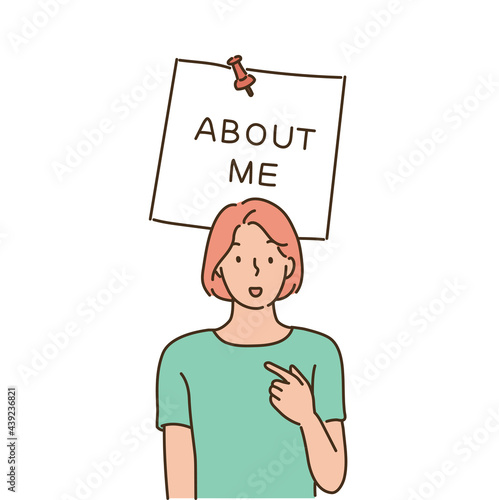 A woman is introducing herself by pointing a finger at her. hand drawn style vector design illustrations. 