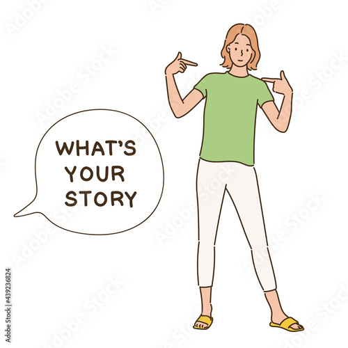 A woman is introducing herself by pointing a finger at her. hand drawn style vector design illustrations. 