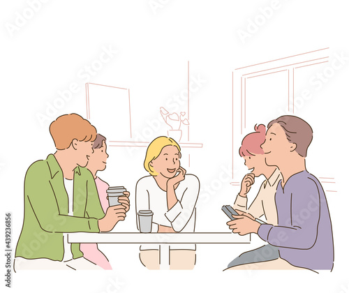 People are sitting around a table in a cafe and talking. hand drawn style vector design illustrations. 