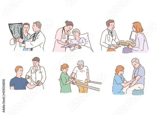 Medical staff and patient characters. hand drawn style vector design illustrations. 