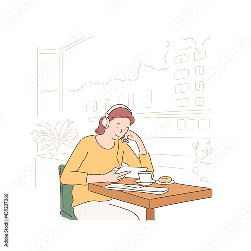 A woman is sitting in a cafe and listening to music. hand drawn style vector design illustrations. 