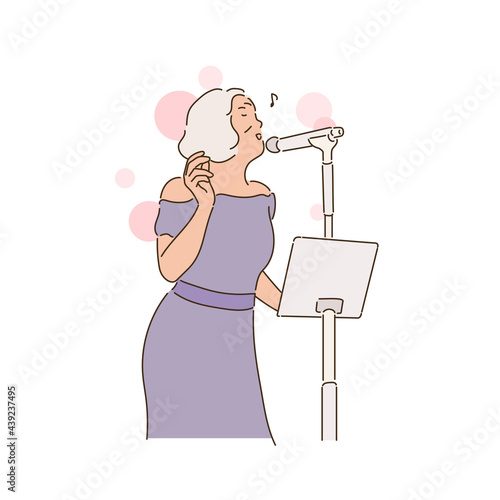 An elderly woman is singing in a fancy dress. hand drawn style vector design illustrations. 