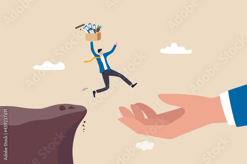 Change job or leaving company for new career opportunity, ambition and decision to change employer concept, brave confident businessman carrying stuffs escape jumping from cliff to helping giant hand.