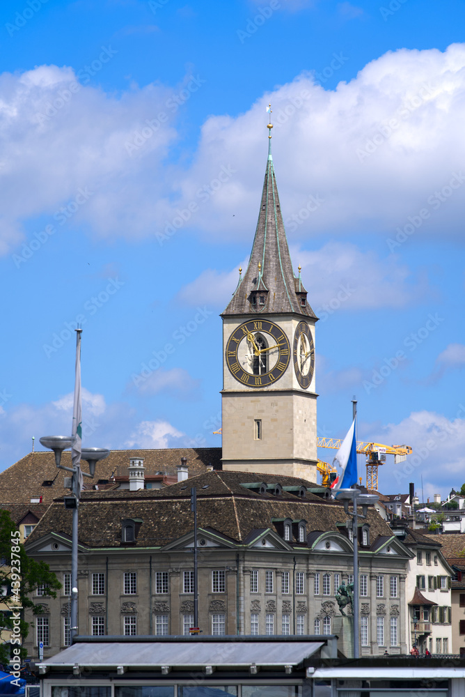 Protestant church St. Peter at the old town of Zurich at a beautiful summer day. Photo taken June 13th, 2021, Zurich, Switzerland.