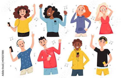People listen music with earphones and dancing. Group of happy boys and girls using headphones and smartphone isolated on white background. Flat cartoon vector illustration.
