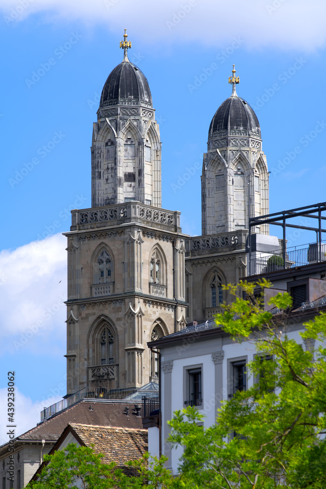 Protestant church Grossmünster (Great Minster) at the old town of Zurich at a beautiful summer day. Photo taken June 13th, 2021, Zurich, Switzerland.