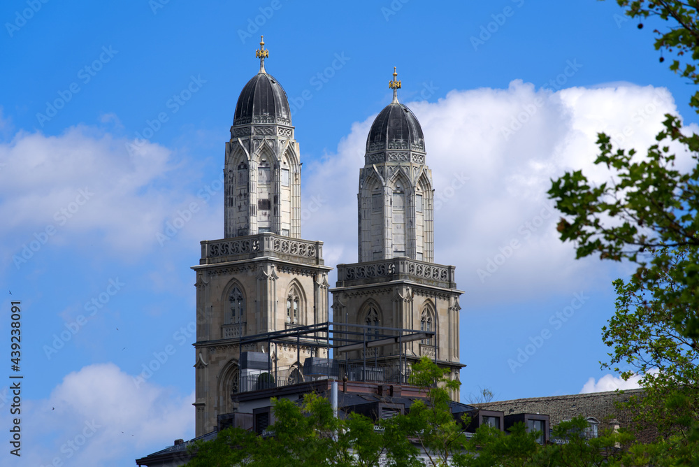 Protestant church Grossmünster (Great Minster) at the old town of Zurich at a beautiful summer day. Photo taken June 13th, 2021, Zurich, Switzerland.