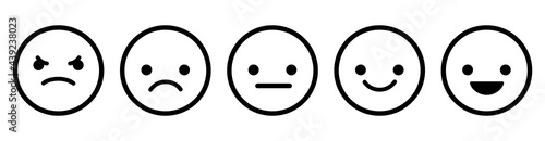 Set of black outline emoticons. Five facial expression from positive to negative. Vector illustration isolated on white background