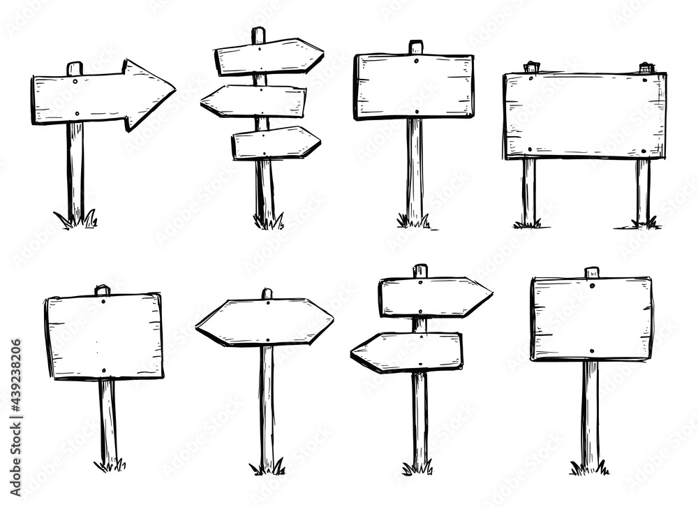 Hand drawn set of road direction sign. Doodle sketch style. Sign with wood plank. Grunge vector illustration. Hand drawn set of road direction sign. Doodle sketch style. Sign with wood plank. Grunge vector illustration.