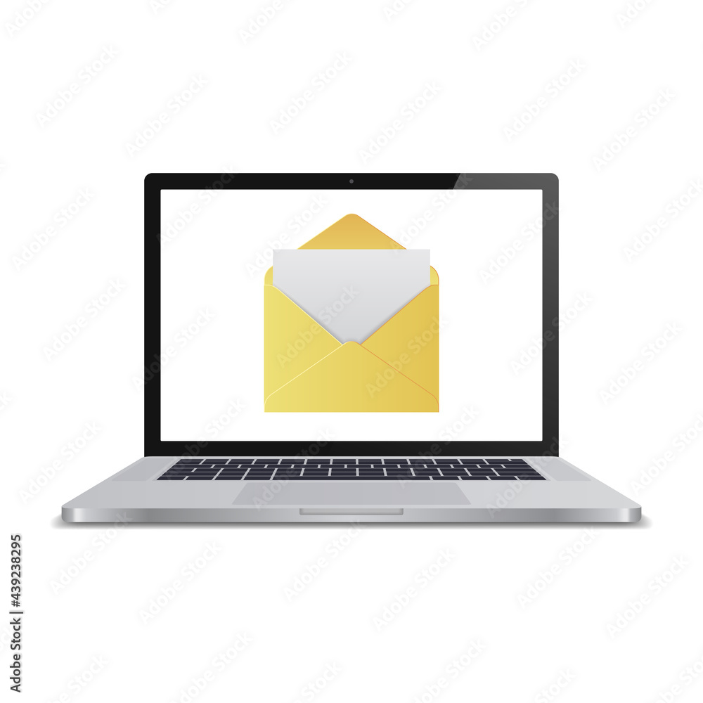 Laptop with open email on screen. Email marketing, internet advertising concepts. Illustration is made in the style of realism. Vector. Laptop with open email on screen. Email marketing, internet advertising concepts. Illustration is made in the style of realism. Vector.