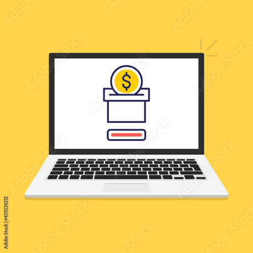 Donate online concept. Laptop with gold coins and donate box on screen. Vector illustration.