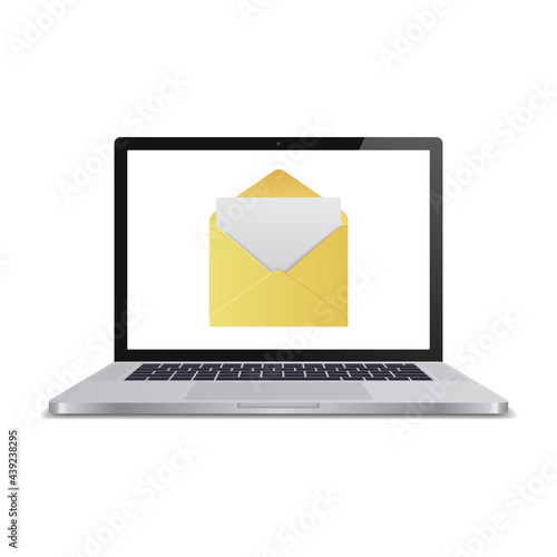 Laptop with open email on screen. Email marketing, internet advertising concepts. Illustration is made in the style of realism. Vector.