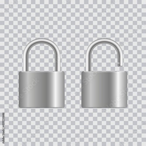 Realistic closed padlock for protection privacy isolated on transparent background. Art design metal steel lock. Closed and open. Vector.