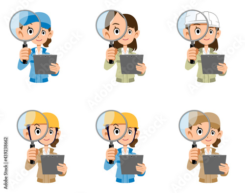 書類を手に持ち虫眼鏡を覗く作業着の女性のセット
