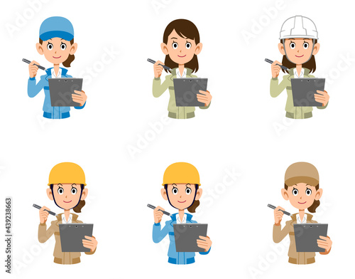 書類に記入する作業着の女性のセット
