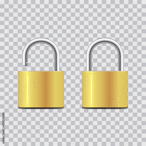 Locked and unlocked padlock. Realistic set of golden locks on transparent background. Security concept. Vector.