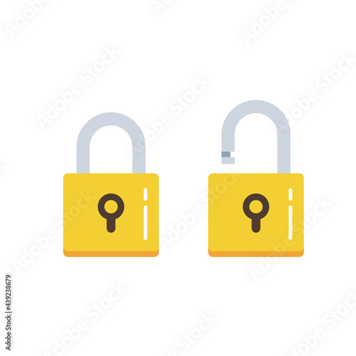 Lock flat icon. Padlock unlocked and locked. Lock closed and lock open. Symbol protection and secure. Vector.