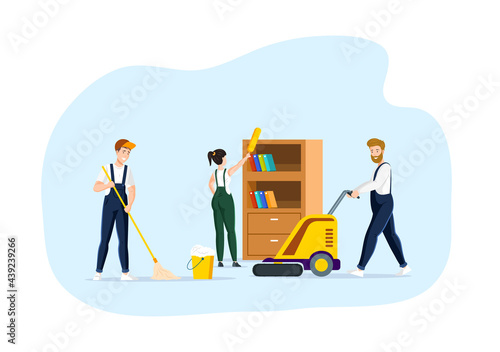 Cleaning service diverse team working at modern office. Hygienic cleanup at coworking center