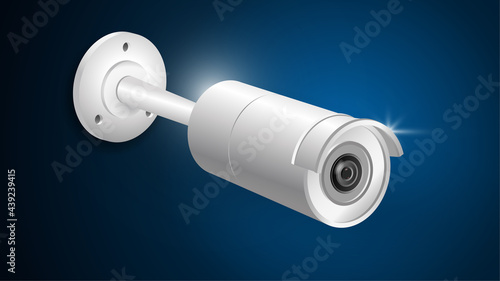 CCTV camera for security and protection. Wall mounted. Video surveillance system. Safety. Realistic isolated 3d vector on dark blue background