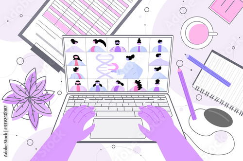 scientists analyzing DNA structure on laptop screen researchers team making experiment DNA testing genetic engineering