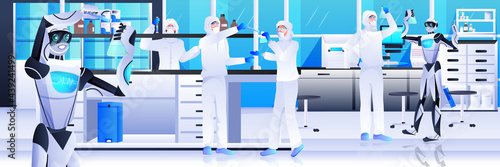 robots with scientists in protective suit making experiments in lab genetic engineering artificial intelligence concept