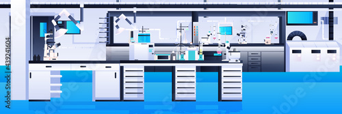 empty no people chemical research laboratory with different equipment scientist workplace science education concept