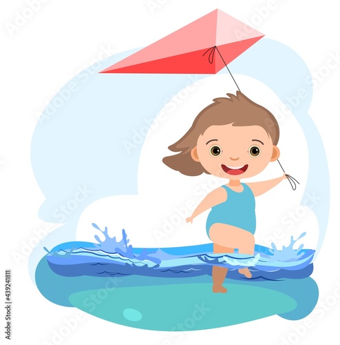 Girl is having fun. Waves of water in river, sea or ocean. Kite. Swimming, diving and water sports. Pool. Isolated on white background. Illustration in cartoon style. Flat design. Vector art