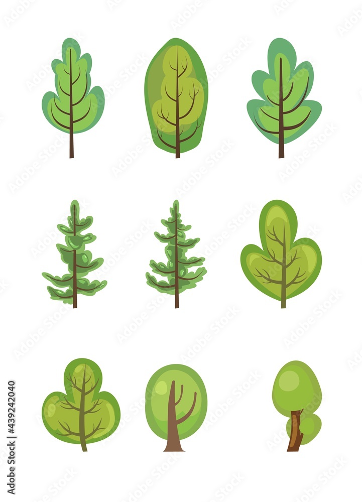 Flat forest. Set with trees. Illustration in a simple symbolic style. Pine. Objects for a funny green landscape. Comic cartoon design. Out-of-town wild plants. Vector