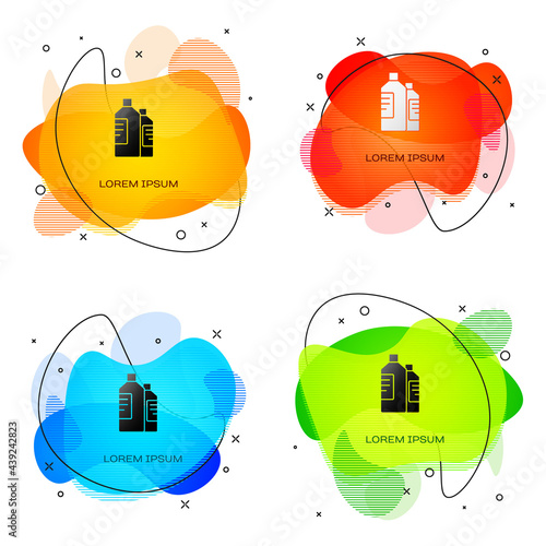 Black Plastic bottles for laundry detergent, bleach, dishwashing liquid or another cleaning agent icon isolated on white background. Abstract banner with liquid shapes. Vector Illustration