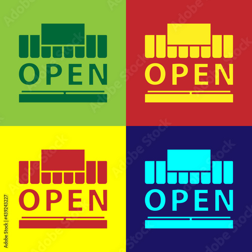 Fototapeta Naklejka Na Ścianę i Meble -  Pop art Shopping building or market store and text open icon isolated on color background. Shop construction. Vector Illustration