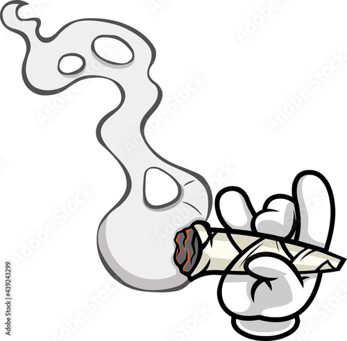 Cartoon Hand With Glove Holding A Marijuana Cannabis Cigarette Joint With Smoke. Vector Hand Drawn Illustration Isolated On Transparent Background