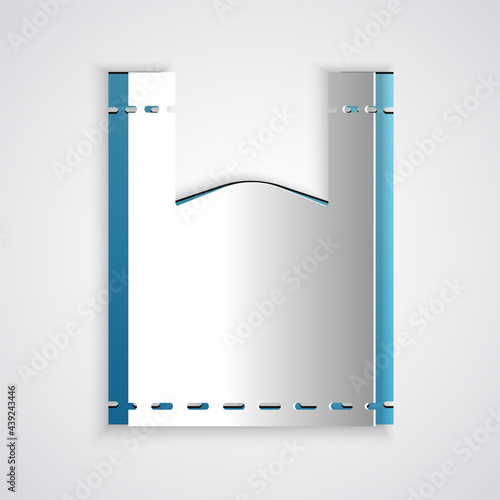 Paper cut Plastic bag icon isolated on grey background. Disposable cellophane and polythene package prohibition sign. Paper art style. Vector Illustration