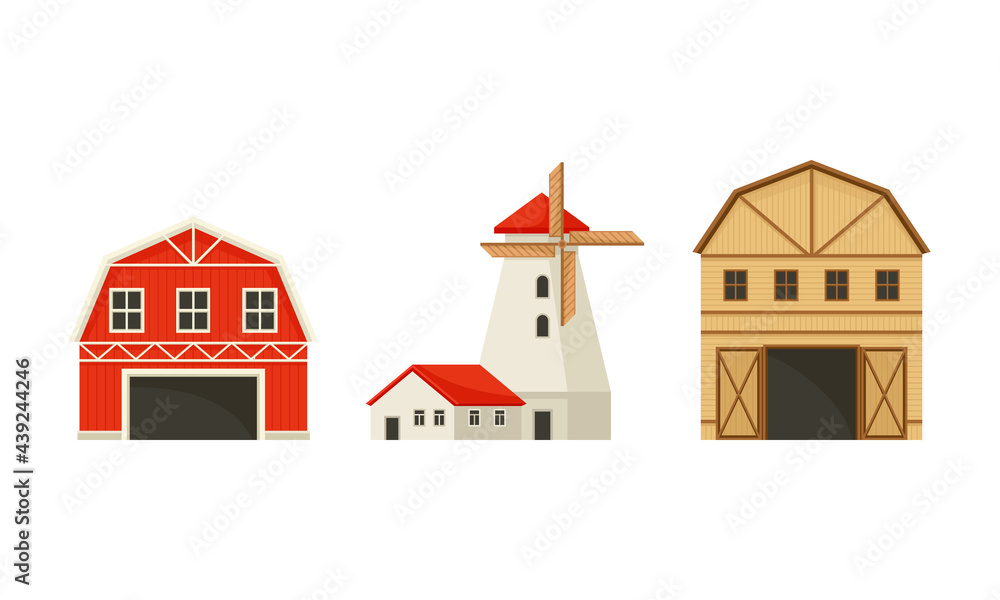 Timbered Red Barn or Granary for Crop Storage and Windmill Vector Set