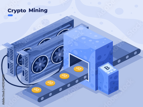 Mining cryptocurrency coin using GPU card or Computer Video Card vector illustration. Creation of bitcoins crypto with using computer video cards. Cryptomining farm isometric illustration.