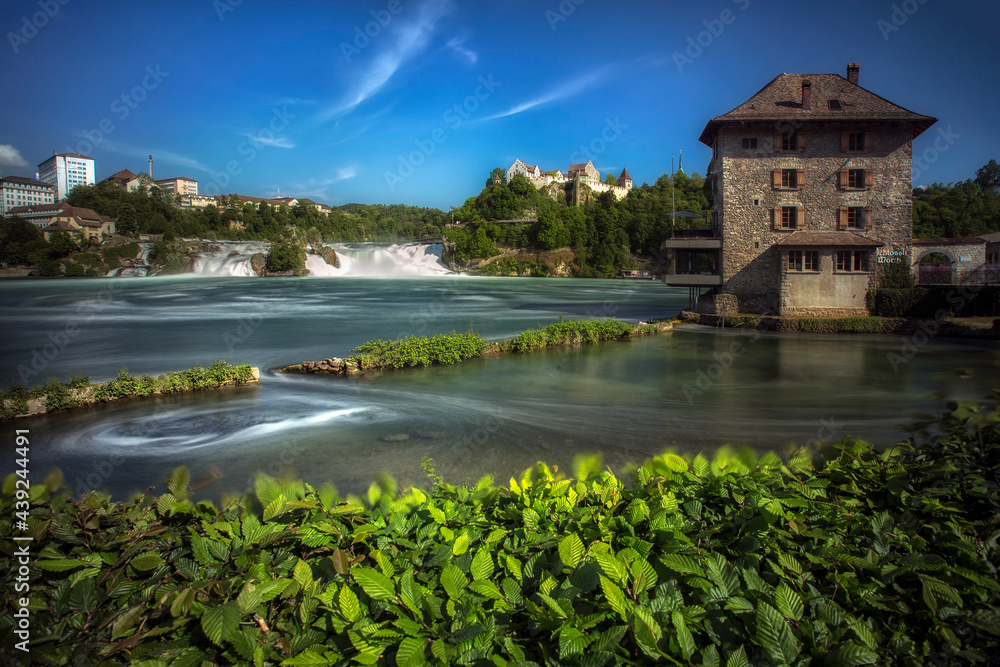 View to Rhine falls (Rheinfalls), the largest plain waterfall in Europe. It is located near the town of Schaffhausen in northern Switzerland, between the cantons of Schaffhausen