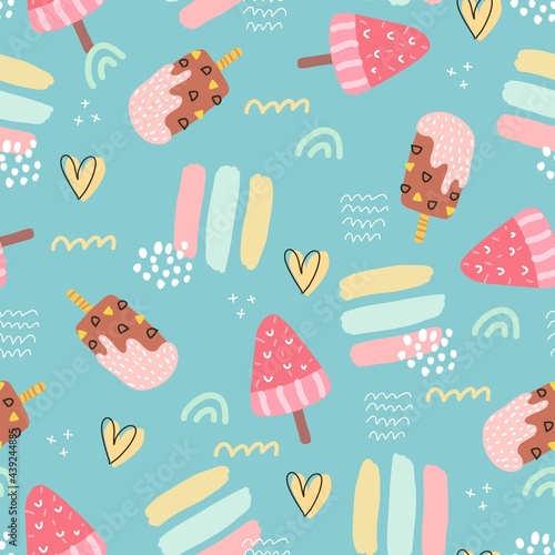 summer seamless pattern with cartoon ice cream, decor elements. colorful vector for kids, hand drawing flat style. baby design for fabric, print, textile, wrapper