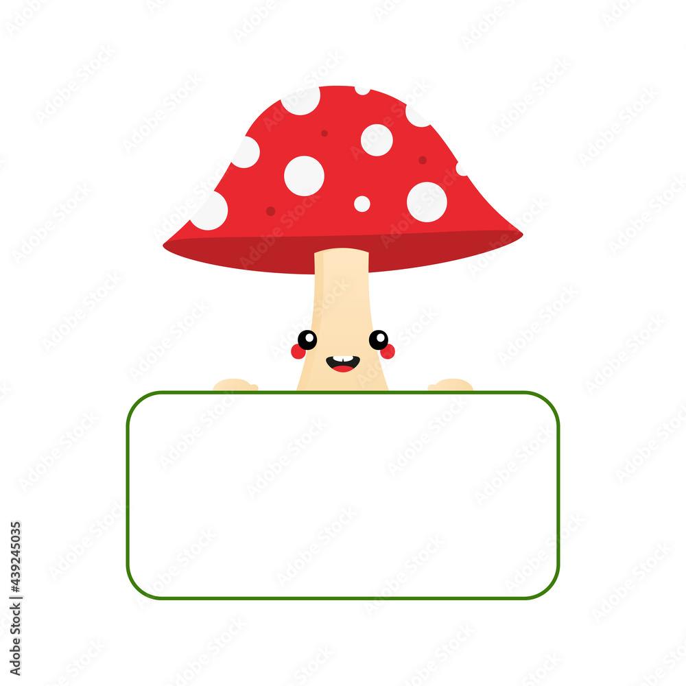 Cute cartoon style smiling mushroom character with dotted red cap holding in hands blank card, banner.
Cute cartoon style smiling mushroom character with dotted red cap holding in hands blank card, banner.