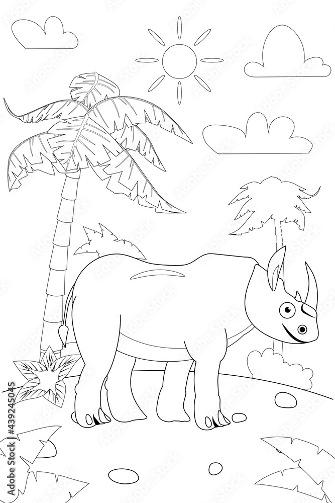 Fototapeta Dżungla, Afryka safari zwierząt wielbłąd kolorowanka edational ilustracja książka dla dzieci. Ilustracja wektorowa zarys biały czarny kreskówka