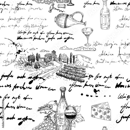 Seamless pattern Wine grape branche, bottles, glasses, vineyard, unreadable text, wooden barrel, chees, corkscrew. Doodle sketch hand drawing. Vector illustartion isolated retro