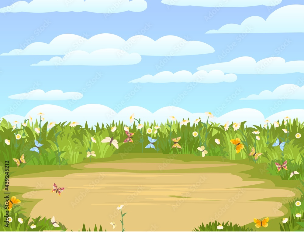 Glade. Place in a meadow with wildflowers. Grass close-up. Beautiful green rural landscape. Cartoon style. Flat design. Countryside view. Flowers. Vector illustration. art