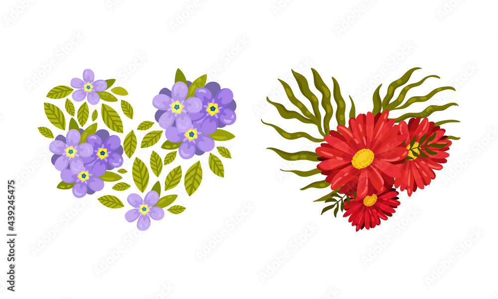 Floral Blooming Heart Shape with Fragrant Blossom and Foliage Vector Set
