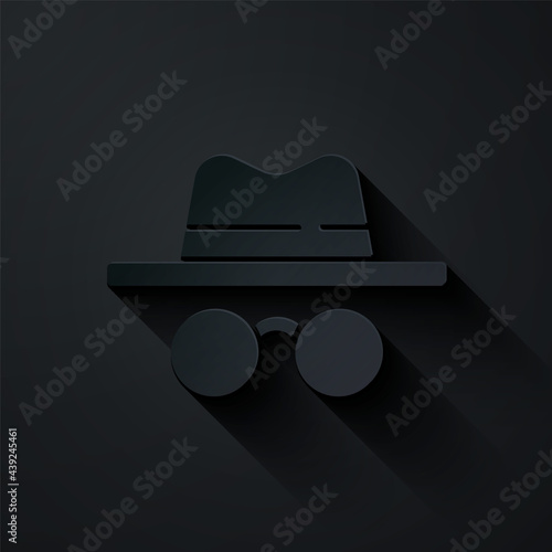 Paper cut Incognito mode icon isolated on black background. Paper art style. Vector