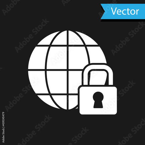 White Global lockdown - locked globe icon isolated on black background. Vector