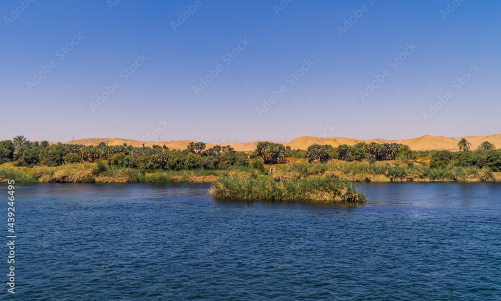 Panoramic view of fertile vegetation along the banks of the Nile River near Edfu, Egypt