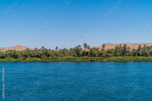 Panoramic view of fertile vegetation along the banks of the Nile River near Edfu, Egypt