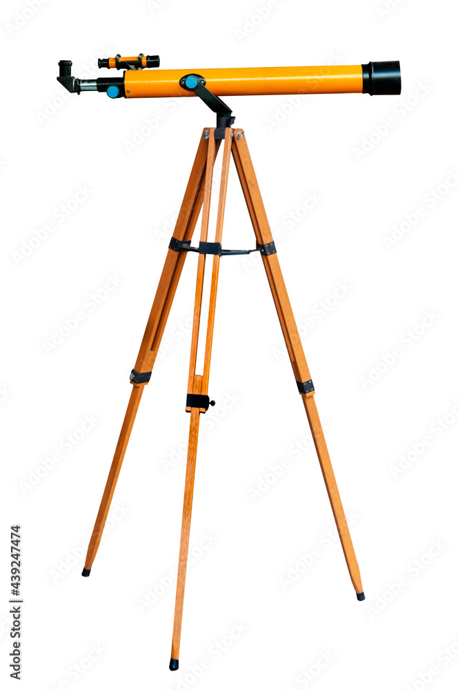 Yellow telescope learning astronomy stand on wooden tripod, isolated white background with clipping path. Yellow telescope learning astronomy stand on wooden tripod, isolated white background with clipping path.