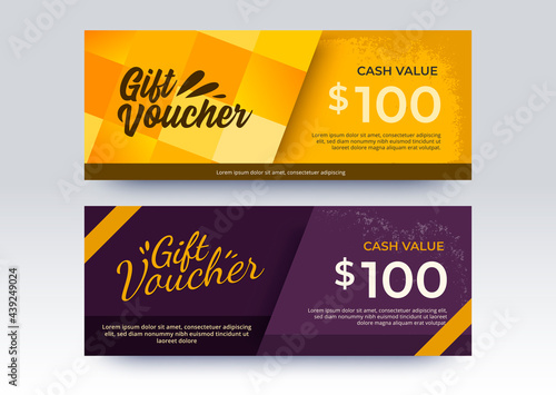 Business Gift Voucher template. Yellow and Purple color style.